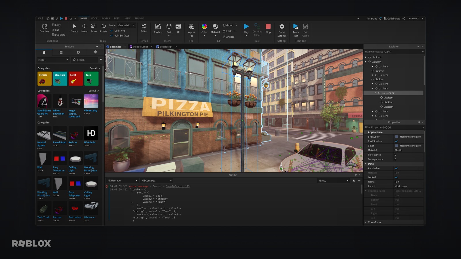 AI-assisted Roblox development workflow with code, UI, game world, and playtest panels