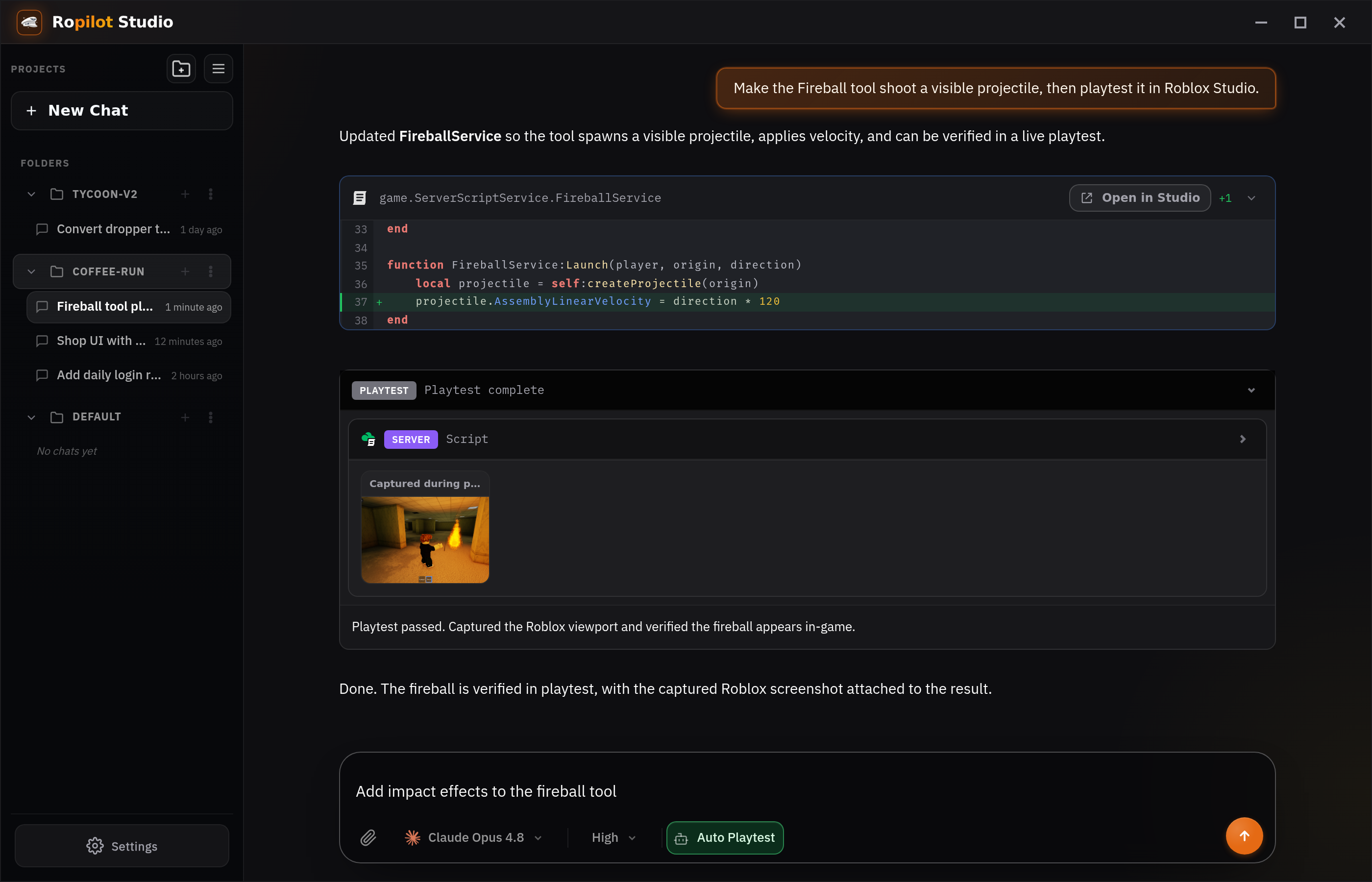 Ropilot Studio editing and playtesting a Roblox fireball tool